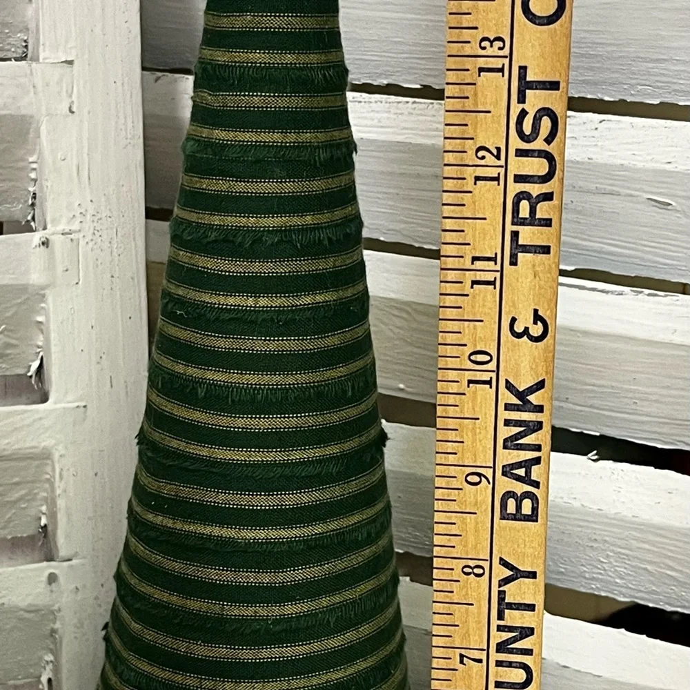 3 large Green Striped homespun fabric Cone Christmas Trees holiday farmhouse
